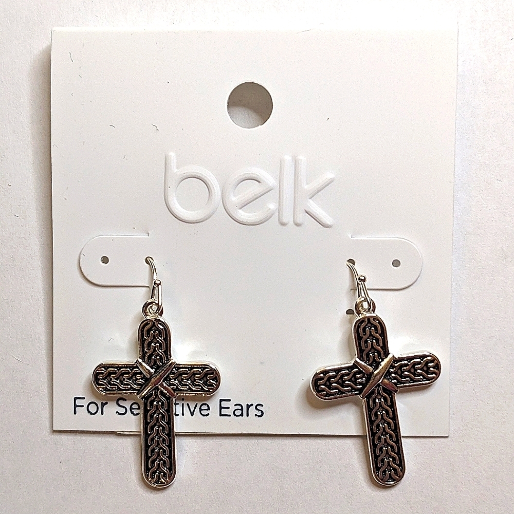 NWT Belk Textured Cross‎ Fish Hook Style Earrings For Sensitive Ears